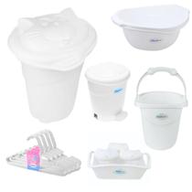 Kit Cesto Roupa De Bebê Plastibaby com Bacia + Balde + Lixeira + Organizador + Cabide - Azul e Rosa