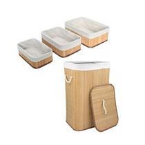 Kit Cesto Roupa Suja + Jogo Organizadores Multiuso Bambu - Pra Casa Decor