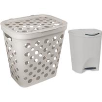 Kit Cesto Telado de Roupa 30 Litros e Lixeira c/ Pedal 7,5 Litros Premium Gourmet - Usual Utilidades Cor:Cinza Claro