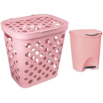 Kit Cesto Telado de Roupa 30 Litros e Lixeira c/ Pedal 7,5 Litros Premium Gourmet - Usual Utilidades Cor:Rosa