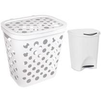 Kit Cesto Telado de Roupa 30L e Lixeira com Pedal 7,5L para Banheiro Branco OEM