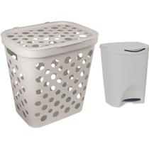Kit Cesto Telado de Roupa 30L e Lixeira com Pedal 7,5L Premium Gourmet Cinza Claro OEM