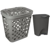 Kit Cesto Telado de Roupa 30L e Lixeira com Pedal 7,5L Premium Gourmet Cinza Escuro OEM