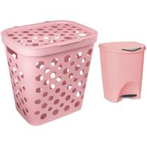 Kit Cesto Telado de Roupa 30L e Lixeira com Pedal Premium Gourmet Rosa OEM