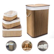 Kit Cestos Bambu Premium 3 Organizadores Multiuso e 1 Cesto de Roupa Suja