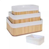 Kit Cestos Organizadores de Bambu com Tecido 3 Peças para Casa, Banheiro e Closet