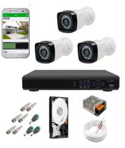 Kit Cftv 3 Câmeras Infravermelho Segurança 1mp 20m Dvr Full Hd 4 Ch S/ Hd c/ conectores Promo