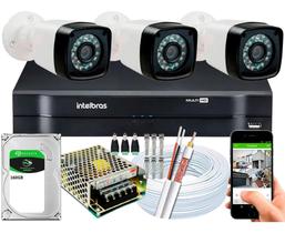 Kit Cftv 3 Cameras Segurança 720p Full Hd Dvr Intelbras c/ hd interno