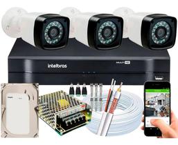 Kit Cftv 3 Cameras Segurança digital hd Dvr Intelbras 4ch C/ HD 500GB e 50m de cabo