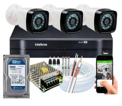 Kit Cftv 3 Cameras Segurança Hd Dvr Intelbras Full Hd 4ch Mhdx c/hd 250GB