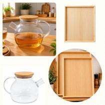 Kit Chá Chaleira de Vidro com Tampa de Bambu 1 Litro e Conjunto 2 Bandejas Retangulares Madeira Servir Petiscos Bebidas Quentes Cozinha Kit Chá Chaleira de Vidro com Tampa de Bambu 1 Litro e Conjunto 2 Bandejas Retangulares Madeira Servir Petiscos Bebidas Quentes Cozinha