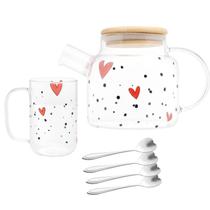 Kit Chá Coração Chaleira, 2 Canecas e 4 Colheres