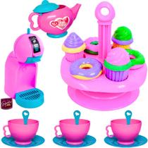 Kit Chá da tarde Brinquedo Infantil com Cafeteira e Cápsula Porta Bolos Xicara Pratinho Colher 19pcs