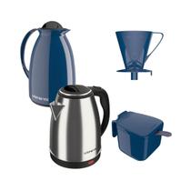 Kit Chaleira elétrica 110V e Garrafa Térmica Café Chá Azul