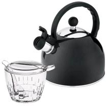 Kit Chaleira Preta de Inox com Apito e Açucareiro de Mesa com Colher Transparente Chá Café Kit Chaleira Preta de Inox com Apito e Açucareiro de Mesa com Colher Transparente Chá Café