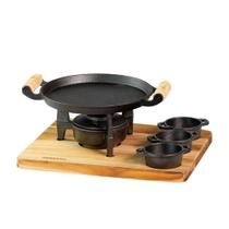 Kit Chapa Bifeteira Com Fogareiro e Molheiras de Ferro Fundido Com Tábua de Madeira - Santana