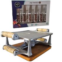 Kit Chapa Rechaud Assadeira Retangular e Jogo de Churrasco 6 guarfos e 6 Facas