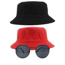 Kit Chapéu Bucket Hat E Oculos De Sol Redondo Lente Escura MD-15 Kit Chapéu Bucket Hat E Oculos De Sol Redondo Lente Escura MD-15