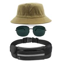 Kit Chapéu Bucket Hat, Pochete Ajustável Com Saída Fone E Óculos de Sol Piloto Quadrado Proteção Uv400 Clássico MD-23