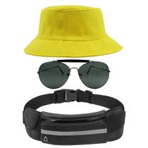 Kit Chapéu Bucket Hat, Pochete Ajustável Impermeável E Óculos Escuro de Sol Piloto Lente Escura Armação De Metal MD-25