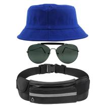 Kit Chapéu Bucket Hat, Pochete Ajustável Impermeável E Óculos Escuro de Sol Piloto Lente Escura Armação De Metal MD-25 - Odell Vendas OnLine
