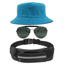 Kit Chapéu Bucket Hat, Pochete Ajustável Impermeável E Óculos Escuro de Sol Piloto Lente Escura Armação De Metal MD-25