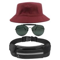 Kit Chapéu Bucket Hat, Pochete Ajustável Impermeável E Óculos Escuro de Sol Piloto Lente Escura Armação De Metal MD-25 - Odell Vendas OnLine
