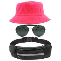 Kit Chapéu Bucket Hat, Pochete Ajustável Impermeável E Óculos Escuro de Sol Piloto Lente Escura Armação De Metal MD-25 - Odell Vendas OnLine