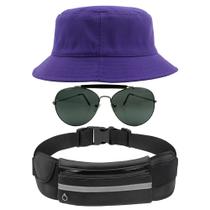 Kit Chapéu Bucket Hat, Pochete Ajustável Impermeável E Óculos Escuro de Sol Piloto Lente Escura Armação De Metal MD-25