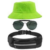 Kit Chapéu Bucket Hat, Pochete Ajustável Impermeável E Óculos Escuro de Sol Piloto Lente Escura Armação De Metal MD-25