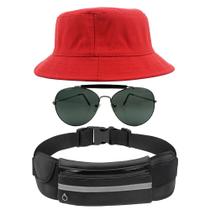 Kit Chapéu Bucket Hat, Pochete Ajustável Impermeável E Óculos Escuro de Sol Piloto Lente Escura Armação De Metal MD-25