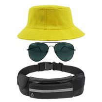 Kit Chapéu Bucket Hat, Pochete Ajustável Impermeável Saída De Fone E Óculos de Sol Piloto Em Metal Proteção UV400 MD-21