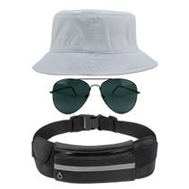 Kit Chapéu Bucket Hat, Pochete Ajustável Impermeável Saída De Fone E Óculos de Sol Piloto Em Metal Proteção UV400 MD-21