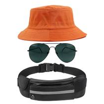 Kit Chapéu Bucket Hat, Pochete Ajustável Impermeável Saída De Fone E Óculos de Sol Piloto Em Metal Proteção UV400 MD-21 - Odell Vendas OnLine