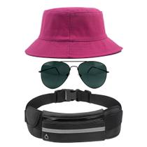 Kit Chapéu Bucket Hat, Pochete Ajustável Impermeável Saída De Fone E Óculos de Sol Piloto Em Metal Proteção UV400 MD-21 - Odell Vendas OnLine