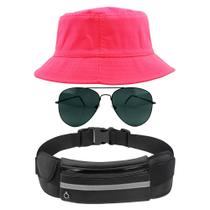 Kit Chapéu Bucket Hat, Pochete Ajustável Impermeável Saída De Fone E Óculos de Sol Piloto Em Metal Proteção UV400 MD-21