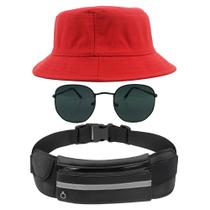 Kit Chapéu Bucket Hat, Pochete Ajustável Impermeável Saída Fone E Óculos de Sol Hexagonal Armação De Metal Pequeno MD-29