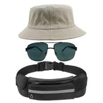 Kit Chapéu Bucket Hat, Pochete Ajustável Impermeável Saída Fone E Óculos de Sol Piloto Quadrado Armação de Metal MD-22