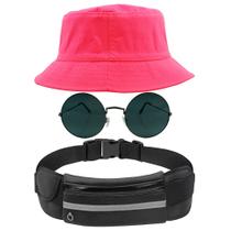 Kit Chapéu Bucket Hat, Pochete Ajustável Impermeável Saída Fone E Óculos de Sol Redondo Armação De Metal Grande MD-30
