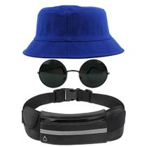 Kit Chapéu Bucket Hat, Pochete Ajustável Impermeável Saída Fone E Óculos Escuro de Sol Redondo Com Armação Metal MD-26