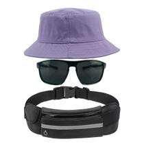 Kit Chapéu Bucket Hat, Pochete Ajustável Saída De Fone E Óculos de Sol Grande Retangular Unissex Armação Fosca MD-41