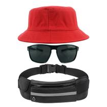 Kit Chapéu Bucket Hat, Pochete Ajustável Saída De Fone E Óculos de Sol Grande Retangular Unissex Armação Fosca MD-41 - Odell Vendas OnLine