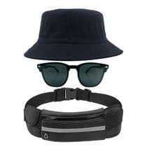 Kit Chapéu Bucket Hat, Pochete Ajustável Saída Fone E Óculos de Sol Clubmaster Lente Escura Arredondada Sem Aro MD-45