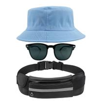 Kit Chapéu Bucket Hat, Pochete Ajustável Saída Fone E Óculos de Sol Clubmaster Lente Escura Arredondada Sem Aro MD-45