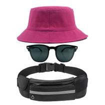 Kit Chapéu Bucket Hat, Pochete Ajustável Saída Fone E Óculos de Sol Clubmaster Lente Escura Arredondada Sem Aro MD-45