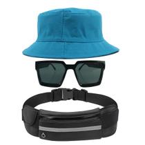 Kit Chapéu Bucket Hat, Pochete Ajustável Saída Fone E Óculos de Sol Geométrico Com Armação Quadrada Lente Escura MD-43