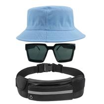 Kit Chapéu Bucket Hat, Pochete Ajustável Saída Fone E Óculos de Sol Geométrico Com Armação Quadrada Lente Escura MD-43