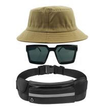 Kit Chapéu Bucket Hat, Pochete Ajustável Saída Fone E Óculos de Sol Geométrico Com Armação Quadrada Lente Escura MD-43 - Odell Vendas OnLine