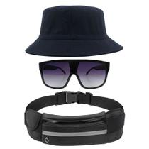 Kit Chapéu Bucket Hat, Pochete Ajustável Saída Fone E Óculos de Sol Quadrado Armação Transparente Com Proteção MD-31