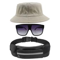 Kit Chapéu Bucket Hat, Pochete Ajustável Saída Fone E Óculos de Sol Quadrado Armação Transparente Com Proteção MD-31